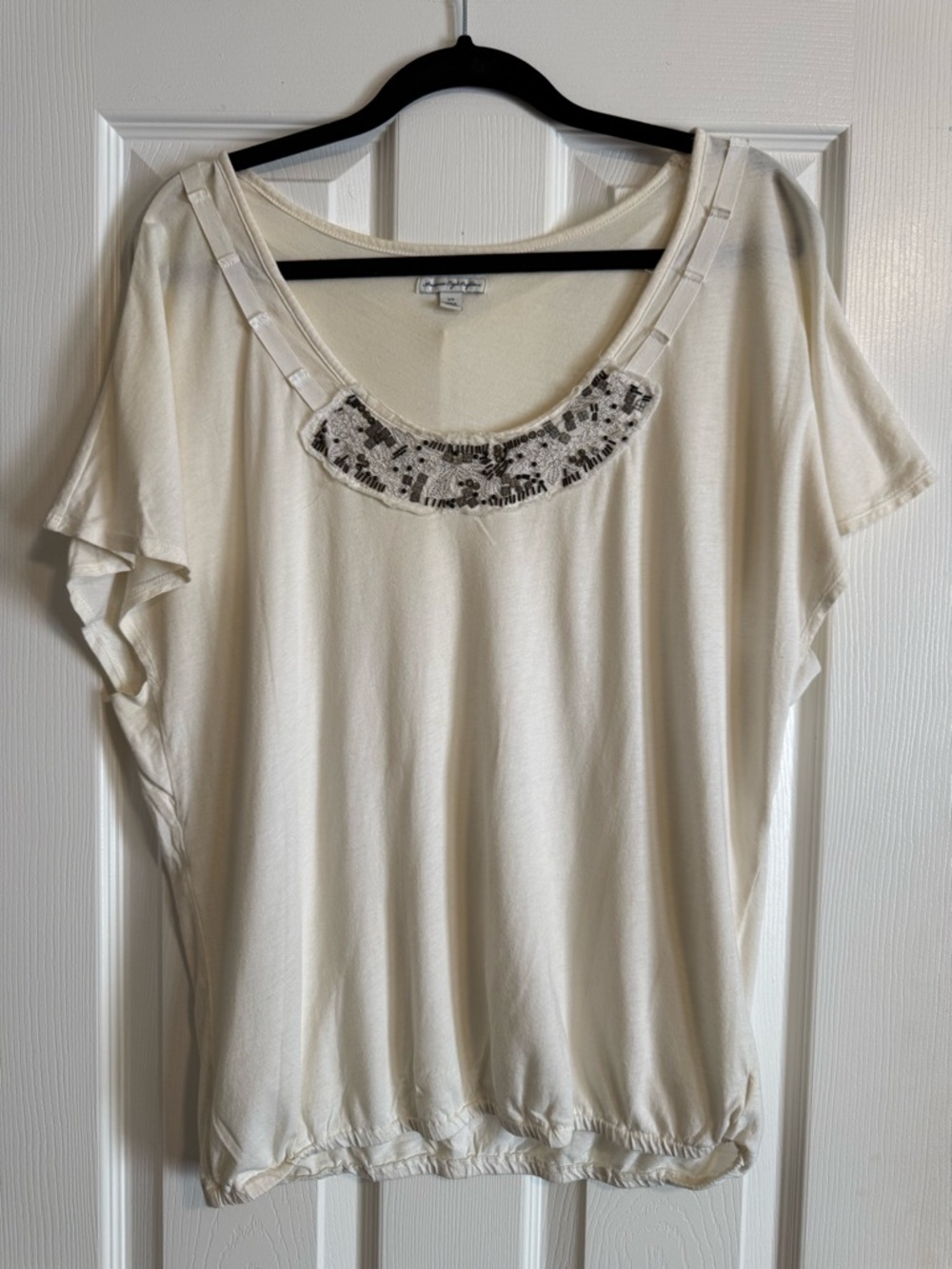 American Eagle Outfitters Cream Short Sleeve Scoop Neck Top with Beaded Trim